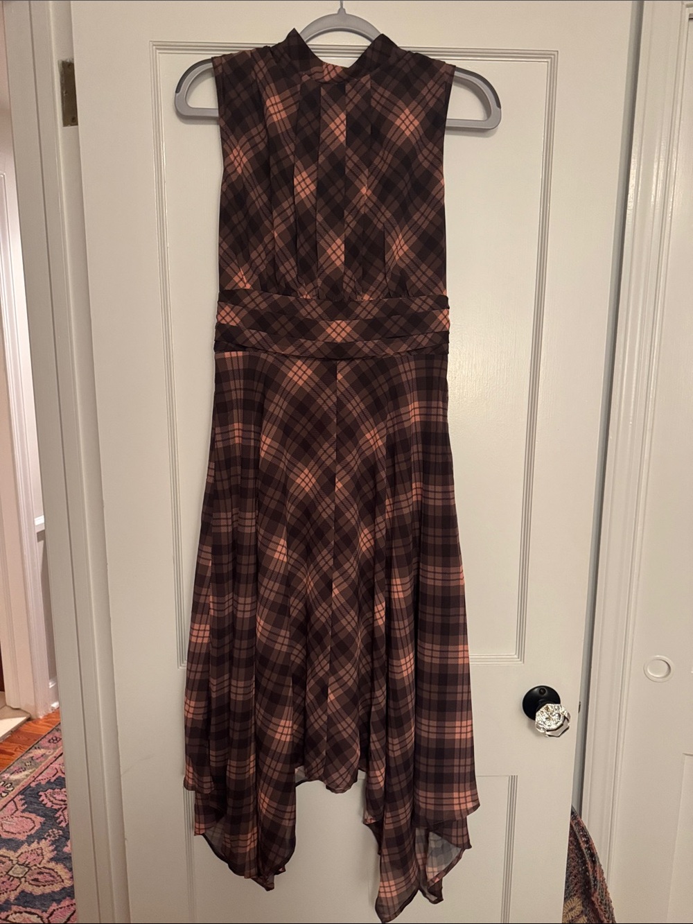 Commense Brown and Pink Plaid High-Low Midi Dress
